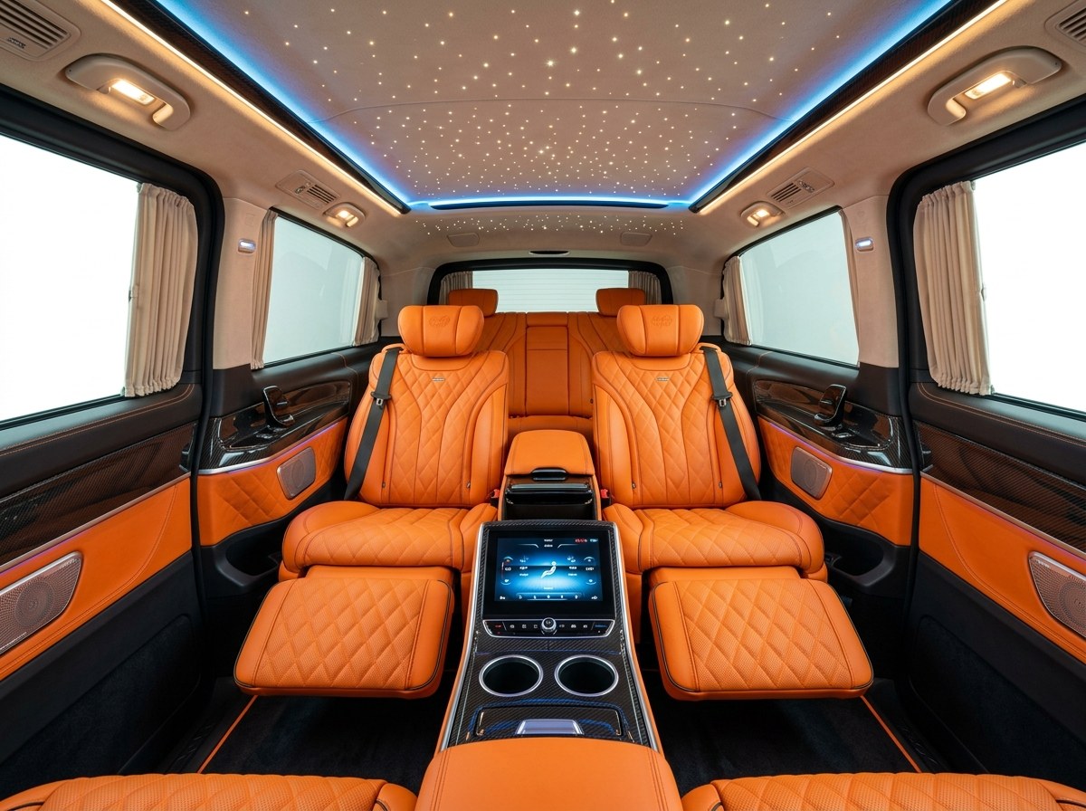 Khoang ghế Chủ Tịch Limousine bọc da bò Ý màu cam Hermès kèm màn hình điều khiển cảm ứng và trần sao