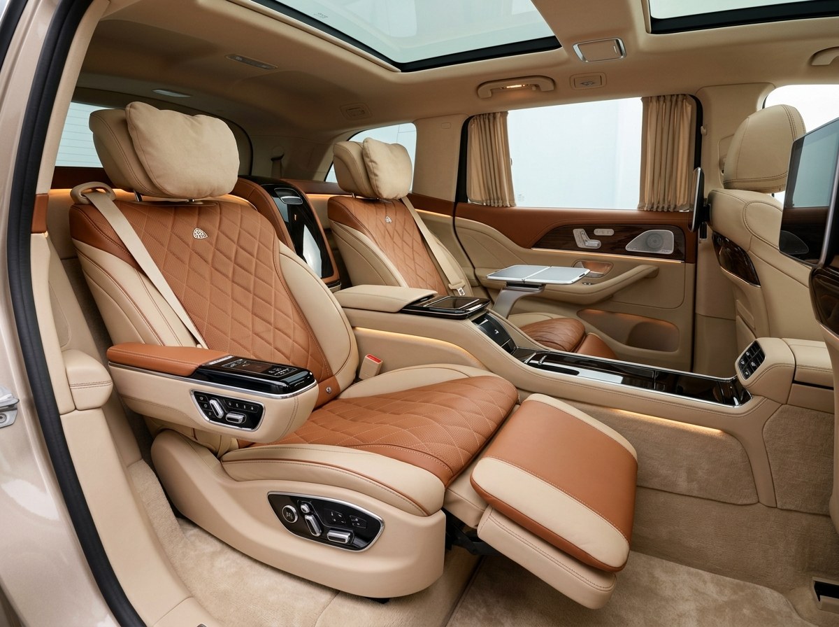 Cặp ghế Chủ Tịch Limousine Maybach Aviation màu kem Champagne phối nâu Cognac chỉnh điện đa hướng