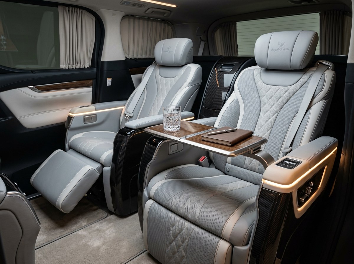 Cặp ghế Thương Gia Limousine Royal Crystal da Nappa xám băng kèm bàn làm việc vân gỗ Óc Chó và viền LED